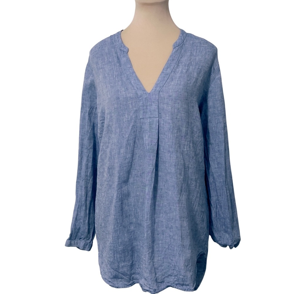 LL Bean Shirt Dress Top M Blue 100% Linen V-Neck Tunic Preppy Coastal Minimalist